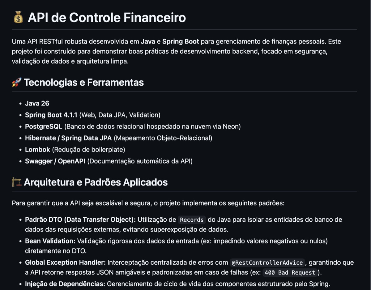 Documentação da API de Controle Financeiro com descrição da arquitetura e tecnologias