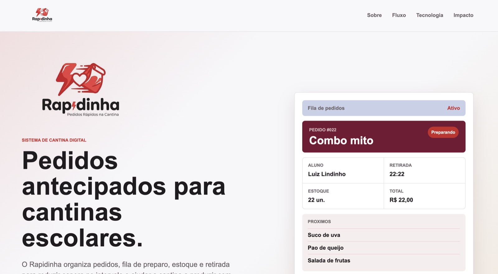 Página do Rapidinha com apresentação do sistema de pedidos antecipados para cantinas
